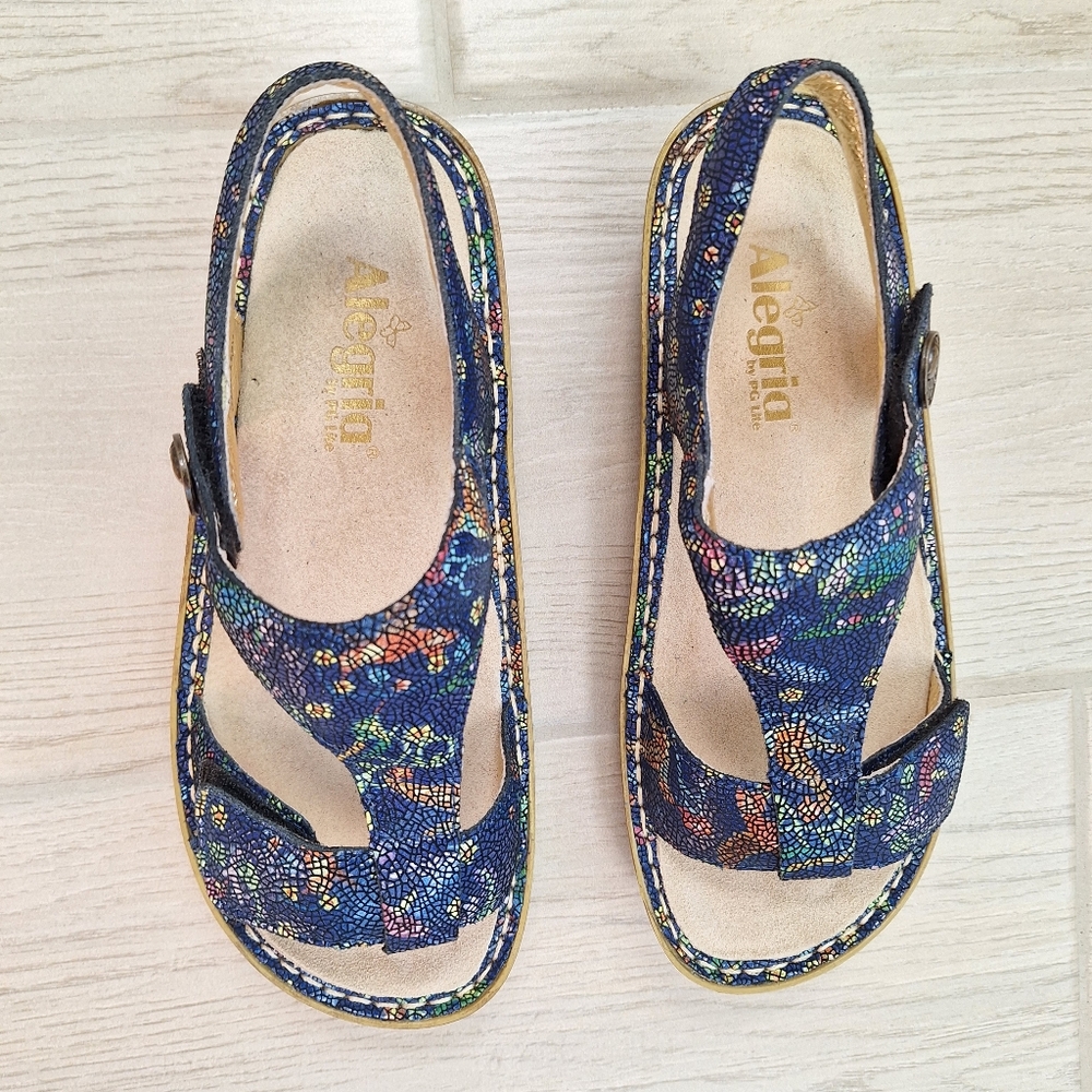 Alegria Kendra Blue Mosaic Leather T-Strap Sandals Women’s Size 38 - 8 - Picture 5 of 11